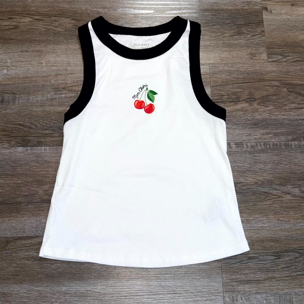 Old Navy White Cotton Stretch Ribbed Tank Top Womens L "Mom Cheri" Graphic Print